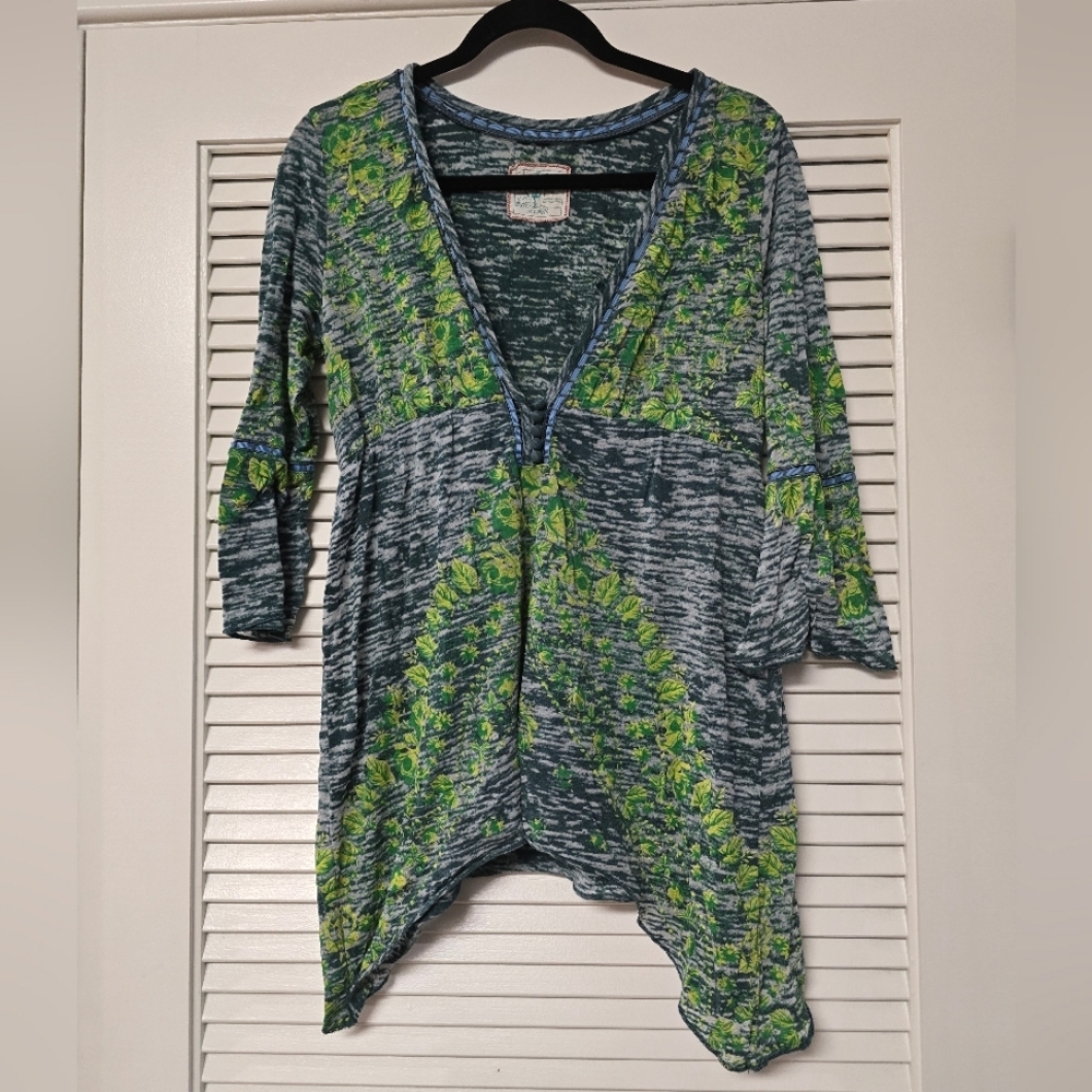 Free People - Bohemian Lightweight Blue & Green 3/4 Wide Sleeve Tunic Top
